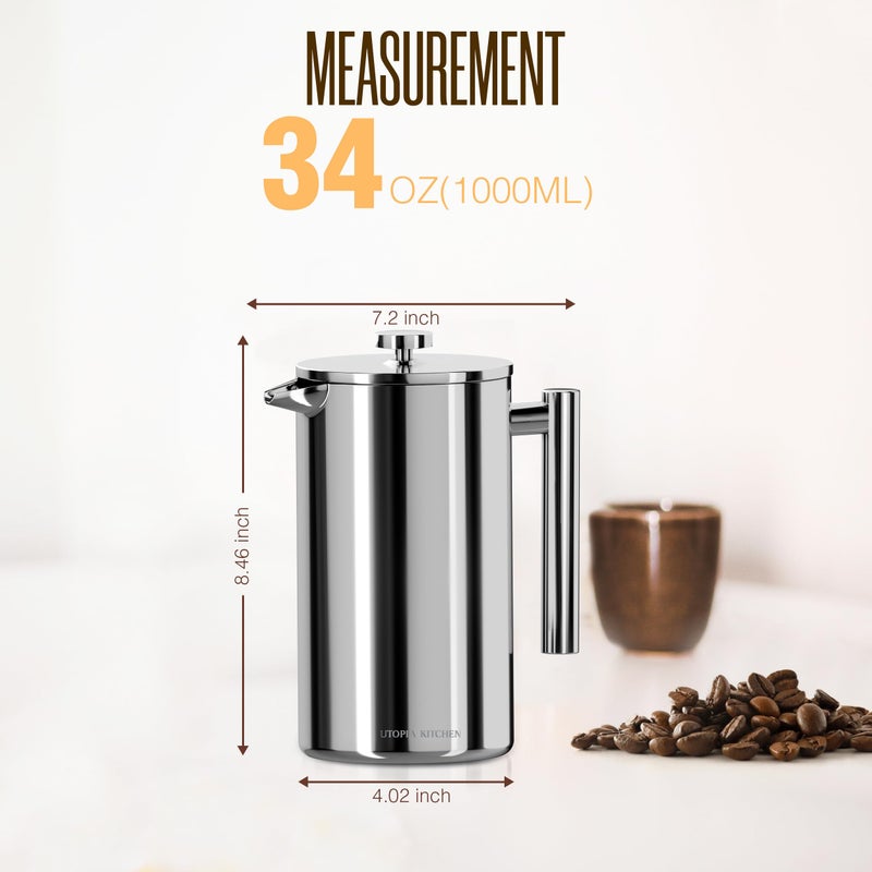 Utopia Kitchen 304 Grade Stainless Steel French Press Coffee Maker 34 Oz, Double Wall Insulated Coffee Press with 4-Level Filtration System, Include 2 Extra Filters, Rust-Free, Dishwasher Safe, Silver - Image 2